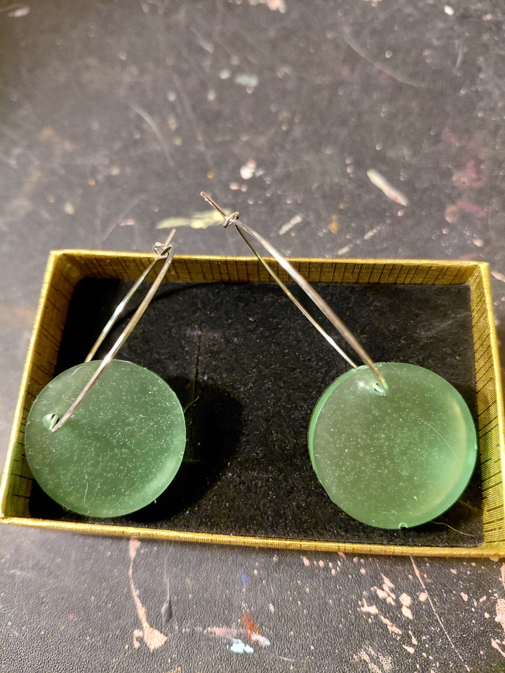 Translucent Green Disc Drop Earrings — Minimal Hoop Statement